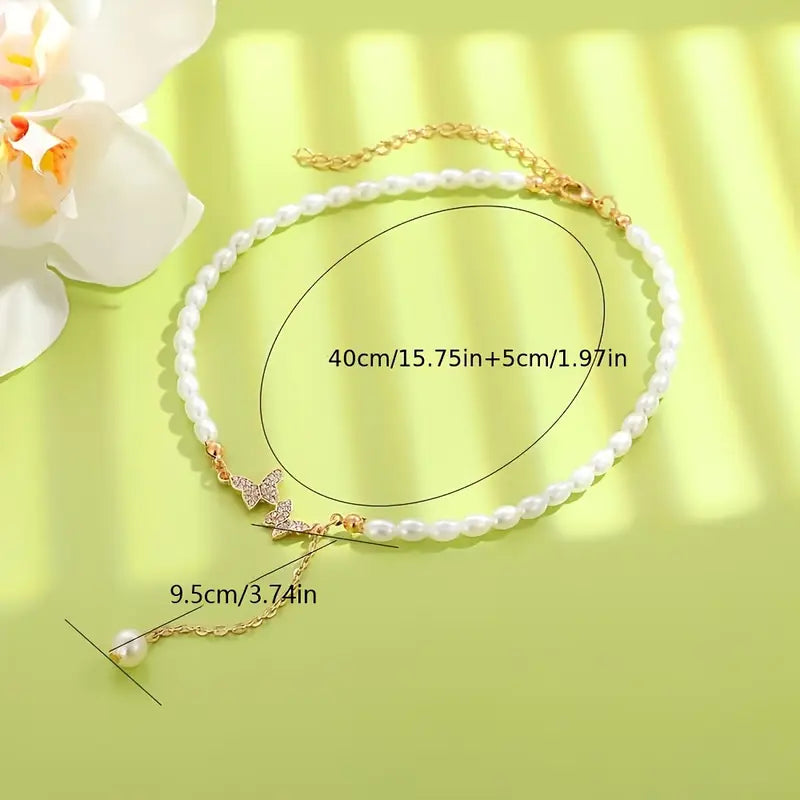 Butterfly & Imitation Pearl Necklace for Women