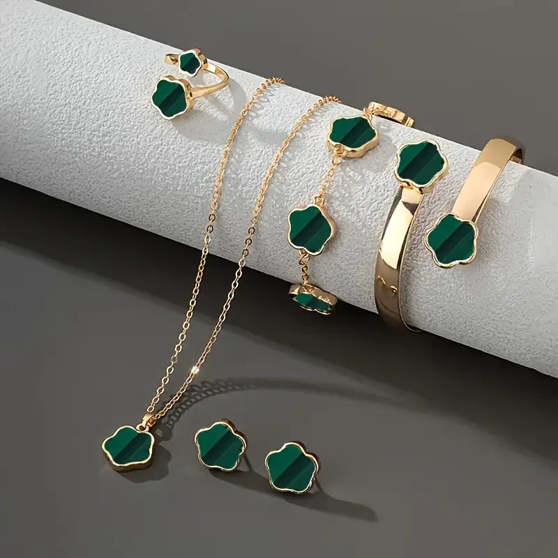 5pcs Classic Lucky Flower Women's Necklace + Earrings + Ring + Bracelet Set