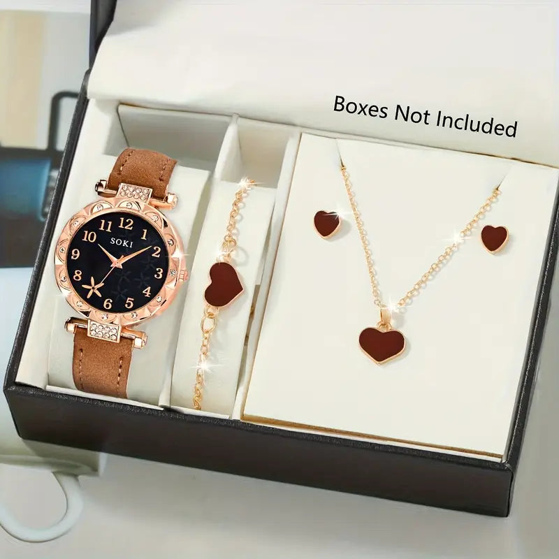 Casual Quartz Watch And Heart Necklace Earings Bracelet Jewelry Set