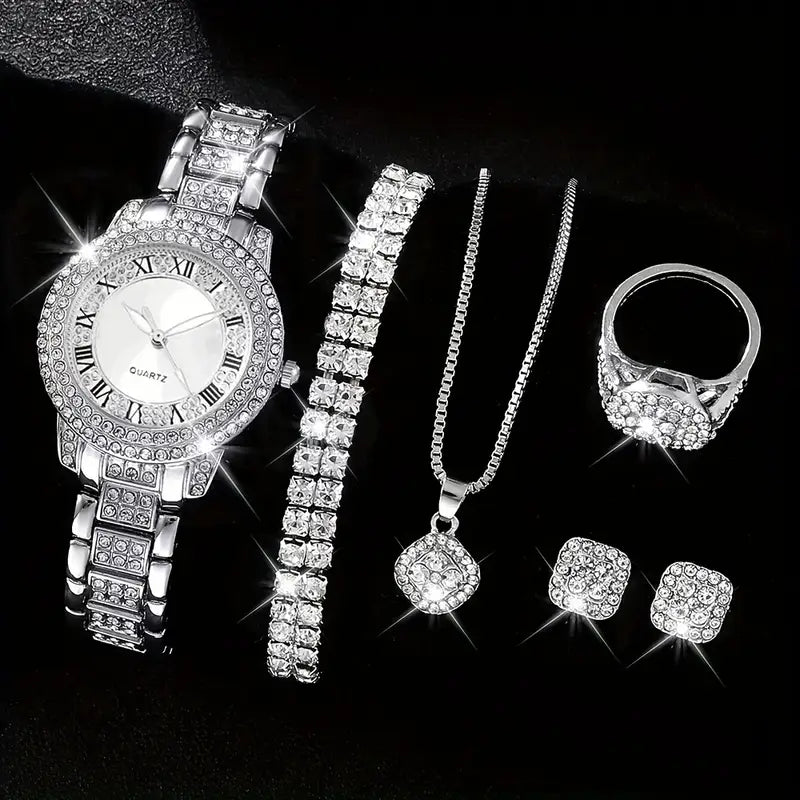 6 Pcs Set Women's Quartz Watch Set Rhinestone And Chic Dial &Square Shaped Sparkling Jewelry Set