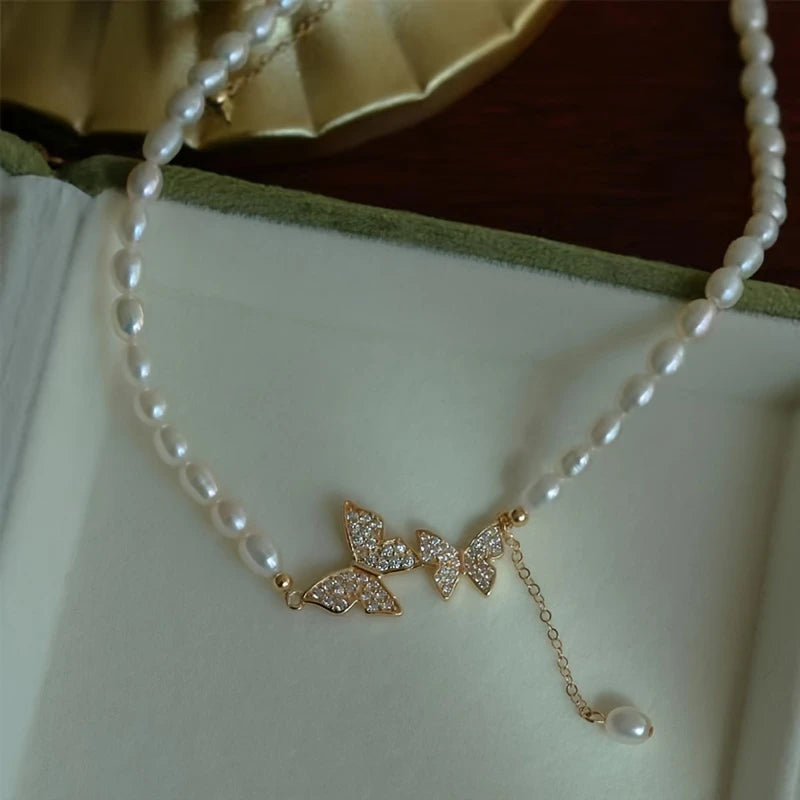 Butterfly & Imitation Pearl Necklace for Women