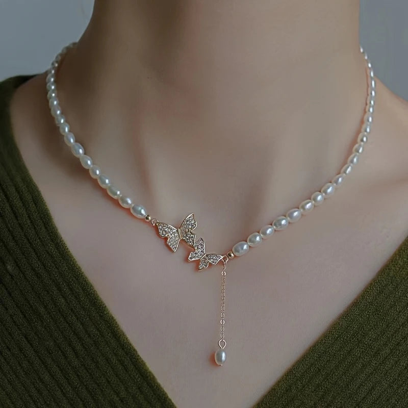 Butterfly & Imitation Pearl Necklace for Women