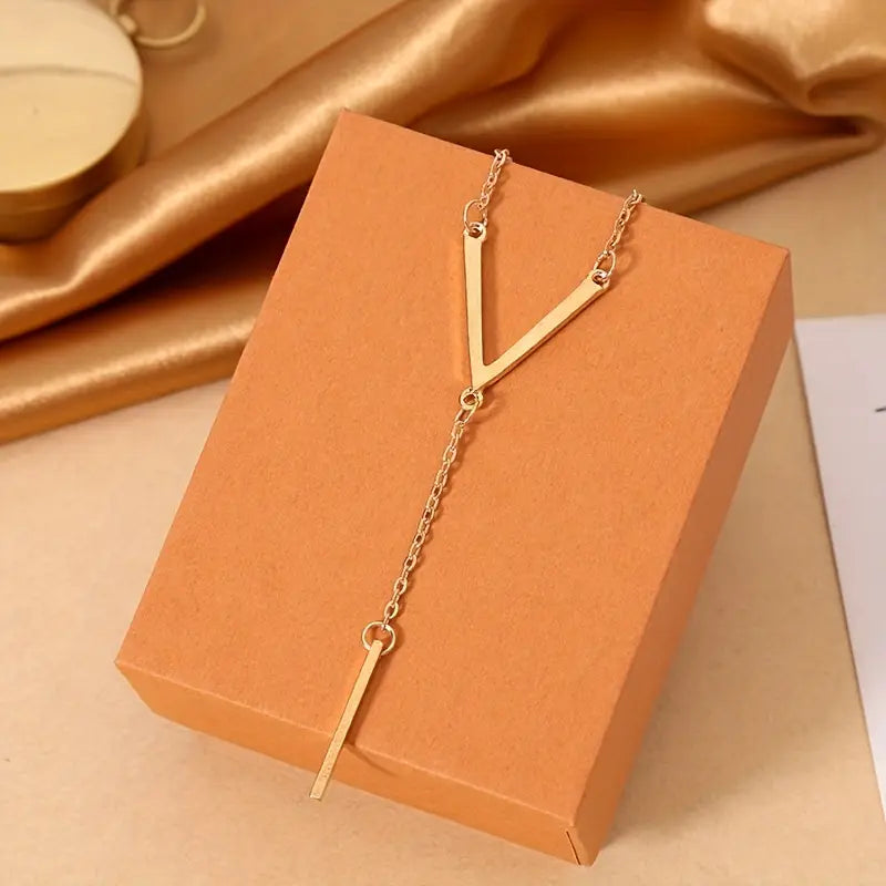 Elegant Golden-Tone Long V-Shaped Pendant Necklace