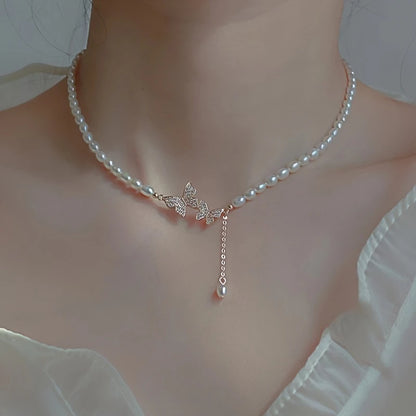 Butterfly & Imitation Pearl Necklace for Women