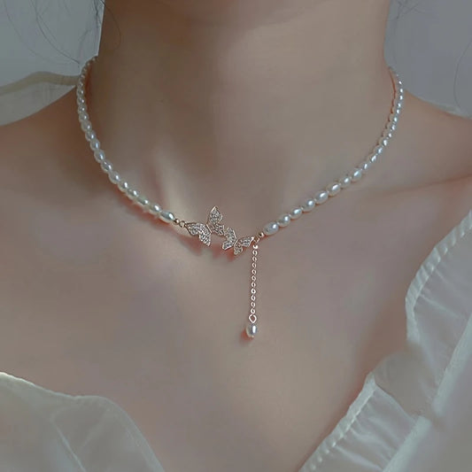 Butterfly & Imitation Pearl Necklace for Women