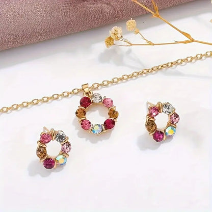 1 Pair Of Earrings + 1 Necklace Chic Jewelry Set Sparkling Flower Design