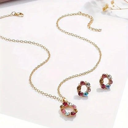 1 Pair Of Earrings + 1 Necklace Chic Jewelry Set Sparkling Flower Design