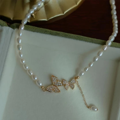 Butterfly & Imitation Pearl Necklace for Women