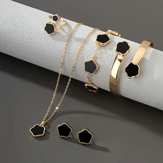 5pcs Classic Lucky Flower Women's Necklace + Earrings + Ring + Bracelet Set