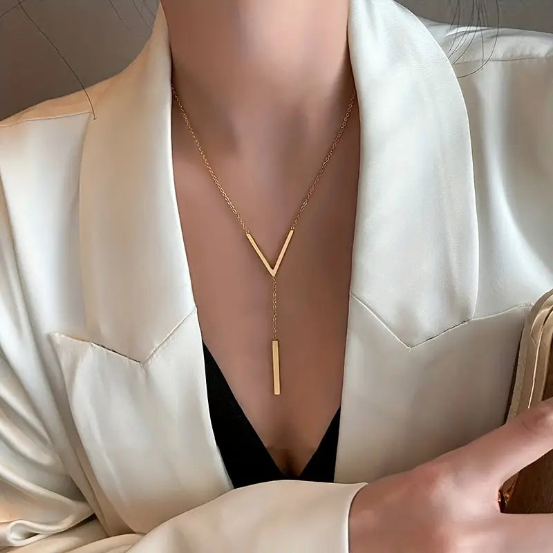 Elegant Golden-Tone Long V-Shaped Pendant Necklace