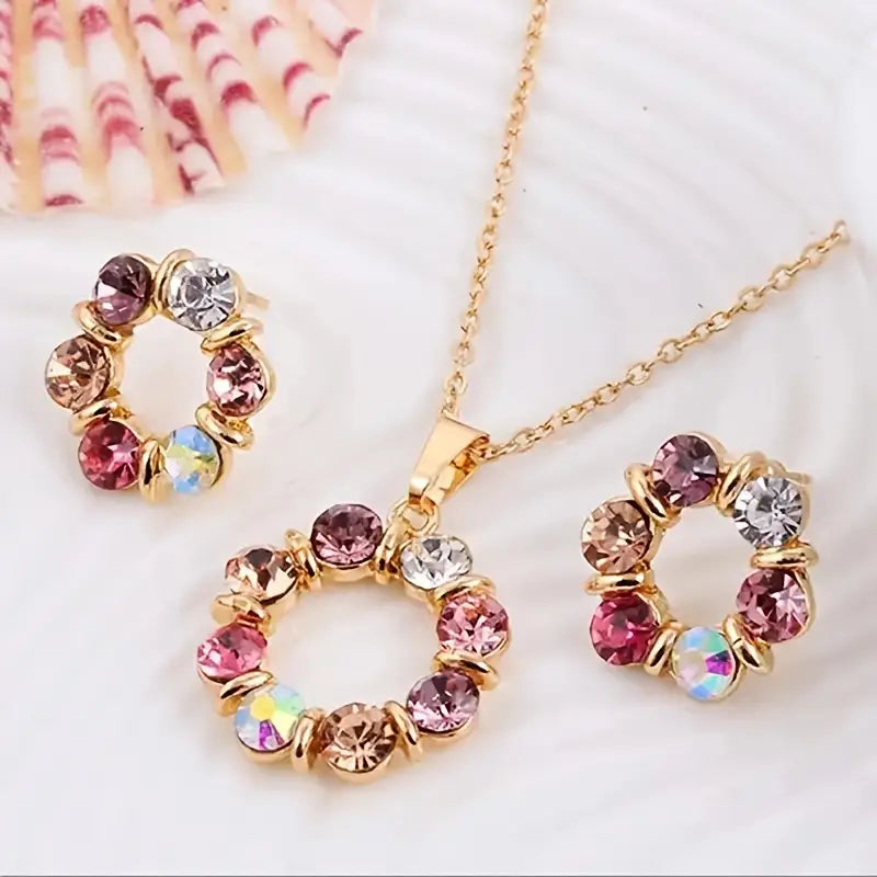 1 Pair Of Earrings + 1 Necklace Chic Jewelry Set Sparkling Flower Design